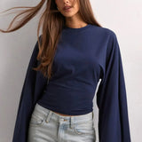 Solid Crew Neck Wide Sleeve Waist Cinched Long Sleeve Tee