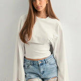 Solid Crew Neck Wide Sleeve Waist Cinched Long Sleeve Tee