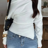 Solid Fleece Off-shoulder Slim Long Sleeve Tee