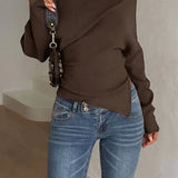 Solid Fleece Off-shoulder Slim Long Sleeve Tee