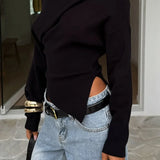 Solid Fleece Off-shoulder Slim Long Sleeve Tee