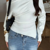 Solid Fleece Off-shoulder Slim Long Sleeve Tee