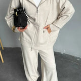 Solid Knit hooded Straight-Leg Two Piece Set