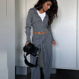 Solid Knit Short Zip Jacket Relaxed Pants Two Piece Set