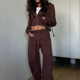 Solid Knit Short Zip Jacket Relaxed Pants Two Piece Set