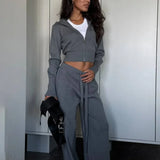 Solid Knit Short Zip Jacket Relaxed Pants Two Piece Set