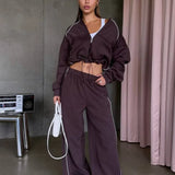 Sporty Color Block Hooded Straight-Leg Pants Two Piece Set