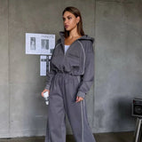 Sporty Color Block Hooded Straight-Leg Pants Two Piece Set