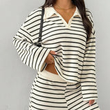 Striped Long Sleeve Pullover Wide Leg Two Piece Set