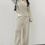 Striped Long Sleeve Pullover Wide Leg Two Piece Set