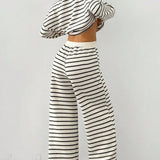 Striped Long Sleeve Pullover Wide Leg Two Piece Set