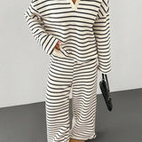 Striped Long Sleeve Pullover Wide Leg Two Piece Set