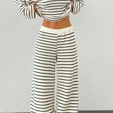 Striped Long Sleeve Pullover Wide Leg Two Piece Set