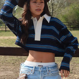 Striped Polo Neck Short Slim Pullover Long Sleeve Tee