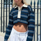 Striped Polo Neck Short Slim Pullover Long Sleeve Tee