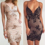 Summer Women Dress Spaghetti Strap V Neck Sequined Lace Bodycon Dresses Sleeveless Party Evening Vestidos Femme Short Mini Dress