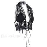 Tie Front Lace Halter Tank Top
