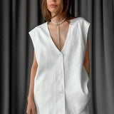 V-Neck Cotton Linen Sleeveless Vest Two Piece Set