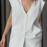V-Neck Cotton Linen Sleeveless Vest Two Piece Set
