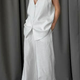 V-Neck Cotton Linen Sleeveless Vest Two Piece Set