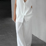 V-Neck Cotton Linen Sleeveless Vest Two Piece Set