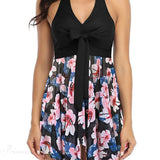 V-neck Printed Halter Tankini Two Piece Set