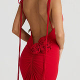 Jasira - Backless Rose Knot Maxi Dress