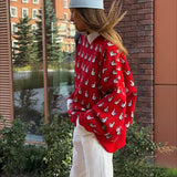 Versatile Color Block Jacquard Red Knitted Blouse