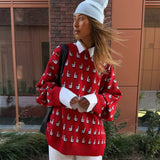 Versatile Color Block Jacquard Red Knitted Blouse