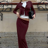 Vintage Burgundy Collared Cropped Straight Two Piece Set