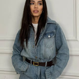 Vintage Vintage Denim Loose Long Pants  Jumpsuit-style Two Piece Set