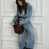 Vintage Vintage Denim Loose Long Pants  Jumpsuit-style Two Piece Set