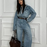 Vintage Vintage Denim Loose Long Pants  Jumpsuit-style Two Piece Set