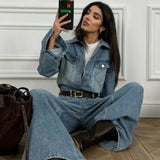 Vintage Vintage Denim Loose Long Pants  Jumpsuit-style Two Piece Set