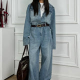 Vintage Vintage Denim Loose Long Pants  Jumpsuit-style Two Piece Set