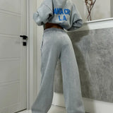 Vintage High Street Gray Loose Hoodie Jogger Two Piece Set