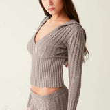 Vintage Sexy Knit Hooded Long Sleeve Cropped Two Piece Set