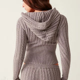 Vintage Sexy Knit Hooded Long Sleeve Cropped Two Piece Set