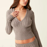 Vintage Sexy Knit Hooded Long Sleeve Cropped Two Piece Set