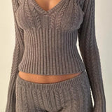Vintage Sexy Knit Hooded Long Sleeve Cropped Two Piece Set