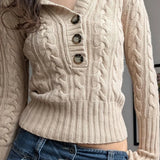 Vintage Solid Hooded Cropped Waist Button Long Sleeve Sweater