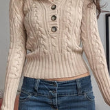 Vintage Solid Hooded Cropped Waist Button Long Sleeve Sweater