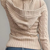 Vintage Solid Hooded Cropped Waist Button Long Sleeve Sweater