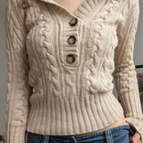 Vintage Solid Hooded Cropped Waist Button Long Sleeve Sweater