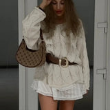 Vintage V-neck Loose Mid-length Cable Knit Long Sleeve Sweater
