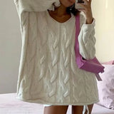 Vintage V-neck Loose Mid-length Cable Knit Long Sleeve Sweater