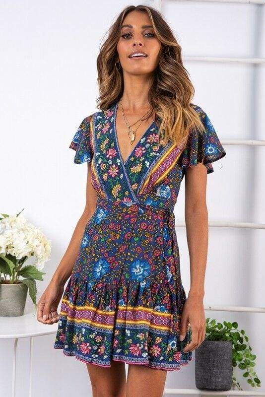 Vintage Women Short Sleeve Wrap Boho Floral Mini Dress