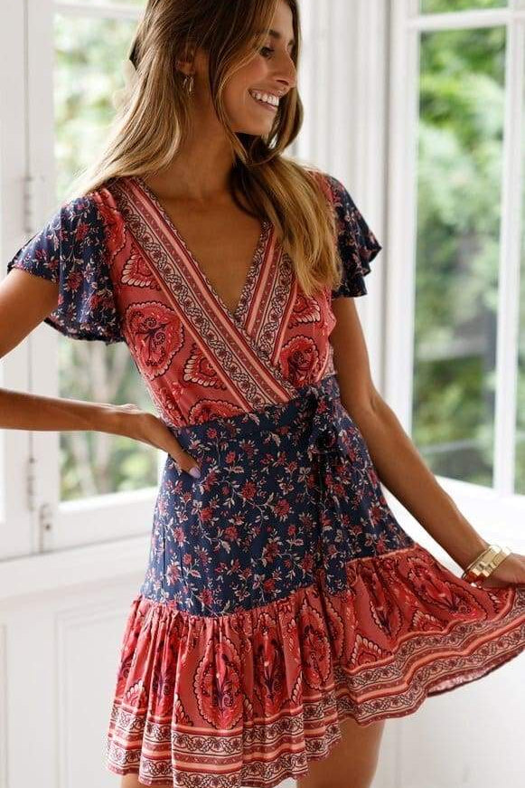 Vintage Women Short Sleeve Wrap Boho Floral Mini Dress