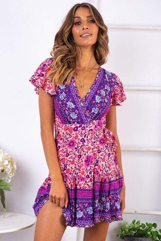 Vintage Women Short Sleeve Wrap Boho Floral Mini Dress