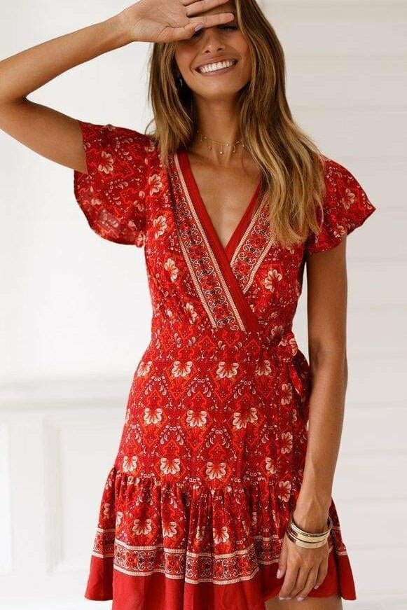 Vintage Women Short Sleeve Wrap Boho Floral Mini Dress
